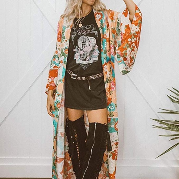 Floral Boho Long Kimono Duster Coverup Robe - Picture 9 of 9